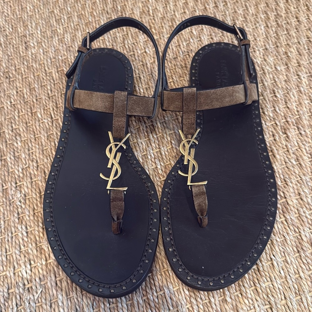 YSL size 37.5 Saint Laurent Suede T-Strap Cassandra Sandals